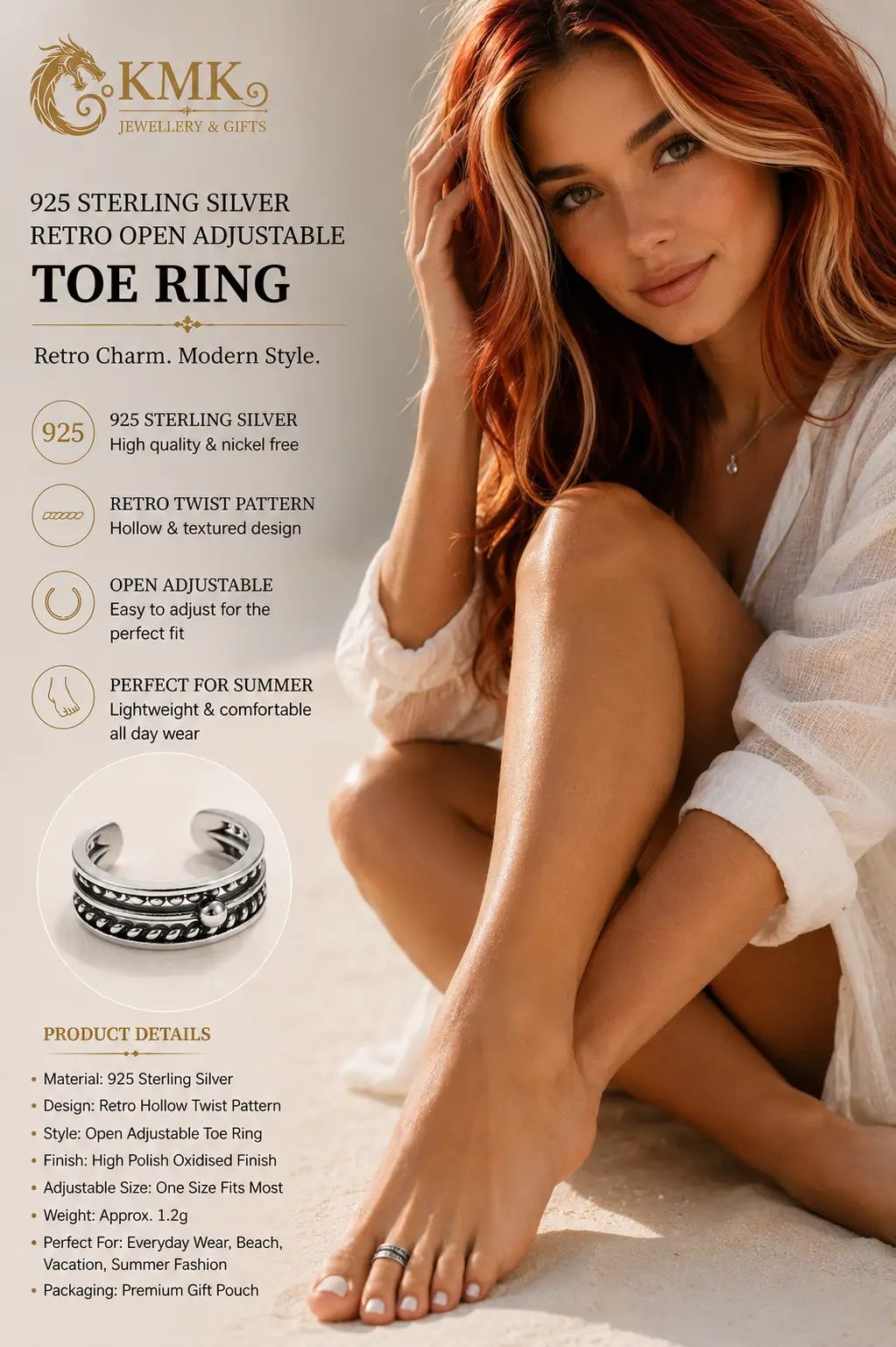 925 Sterling Silver Retro Open Adjustable Toe Rings for Women Summer Fashion Hollow Twist Pattern - Image 2