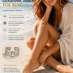 925 Sterling Silver Geographic adjustable Toe ring