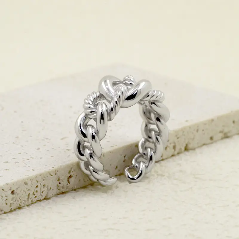 Twist Rope Chain Link Interlock in S925 Sterling Silver Heavy Hollow Open Silver Ring - Image 5