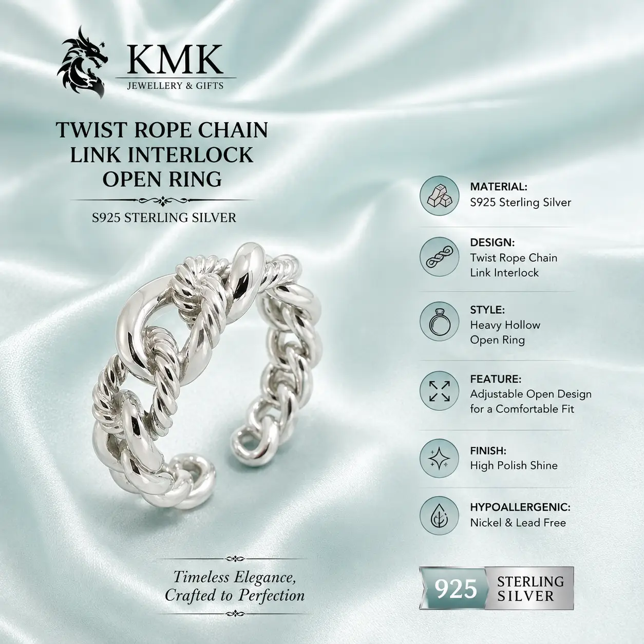 Twist Rope Chain Link Interlock in S925 Sterling Silver Heavy Hollow Open Silver Ring - Image 3