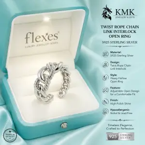 Twist Rope Chain Link Interlock in S925 Sterling Silver Heavy Hollow Open Silver Ring