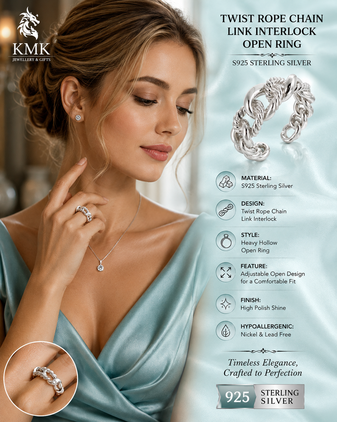 Twist Rope Chain Link Interlock in S925 Sterling Silver Heavy Hollow Open Silver Ring - Image 4