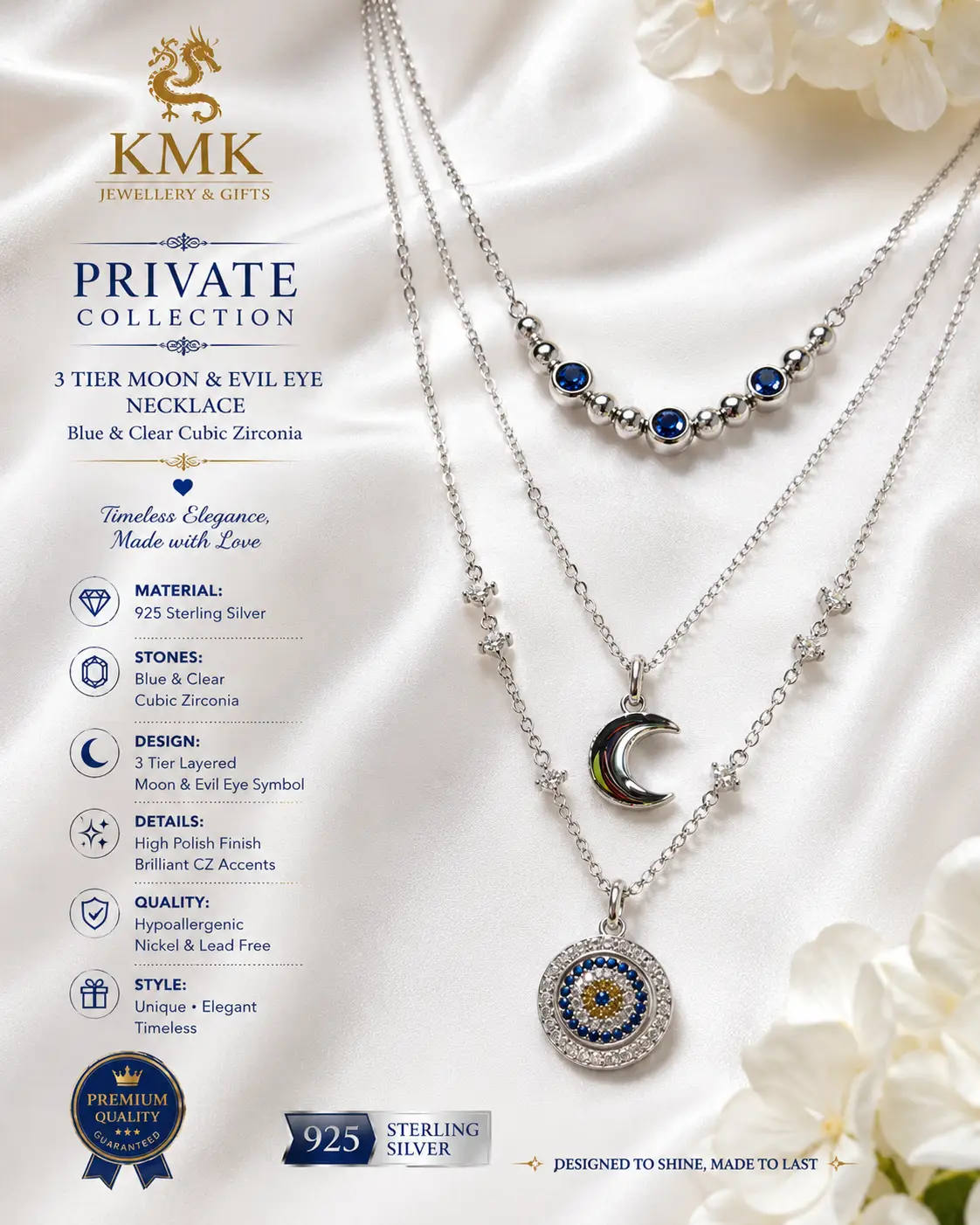 Private Collection – 925 Sterling Silver Three-Tier Moon & Evil Eye Necklace - Image 3