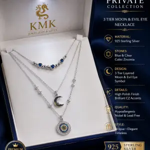 Private Collection – 925 Sterling Silver Three-Tier Moon & Evil Eye Necklace