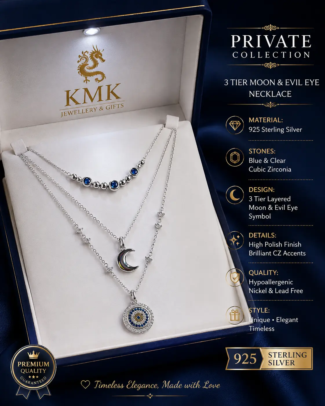 Private Collection – 925 Sterling Silver Three-Tier Moon & Evil Eye Necklace