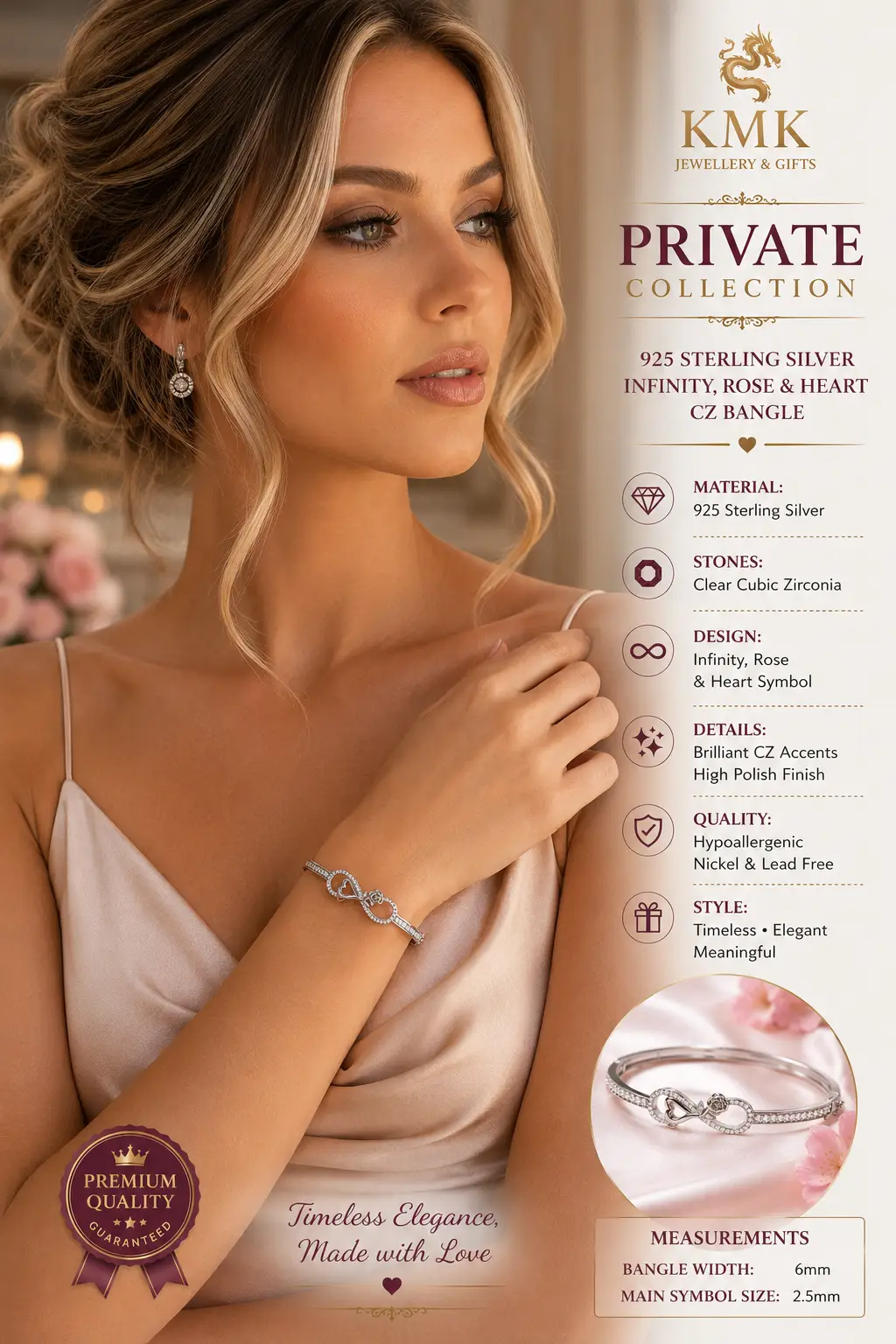 Private Collection – 925 Sterling Silver Infinity Rose & Heart Bracelet - Image 4