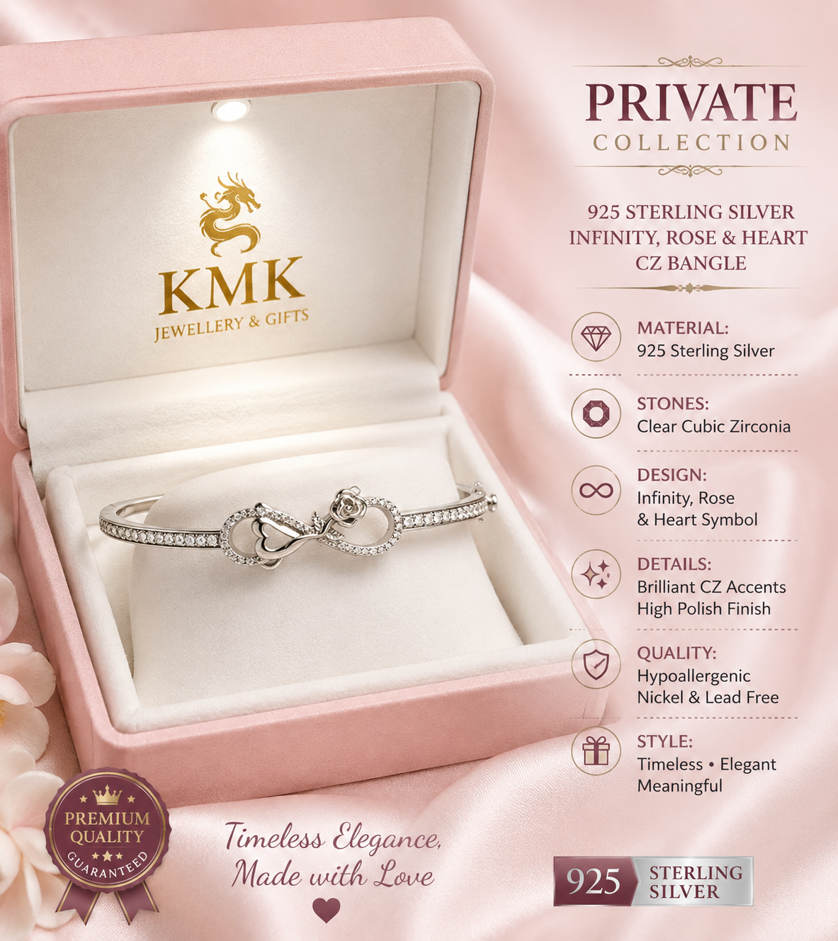 Private Collection – 925 Sterling Silver Infinity Rose & Heart Bracelet