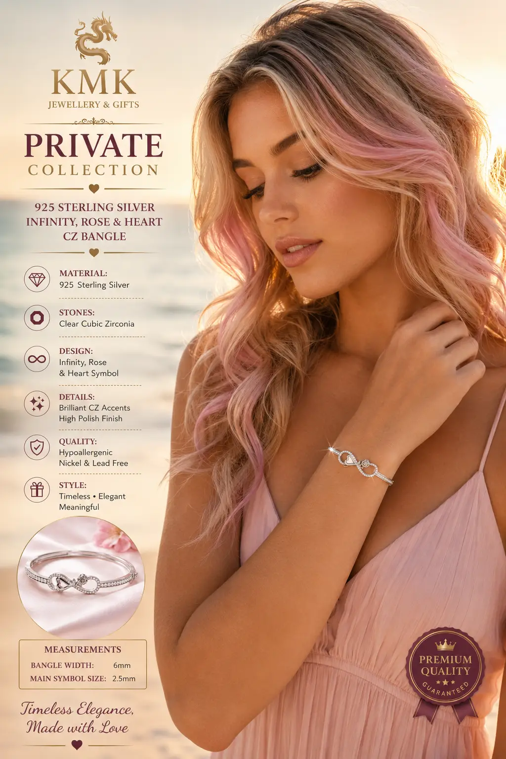 Private Collection – 925 Sterling Silver Infinity Rose & Heart Bracelet - Image 2