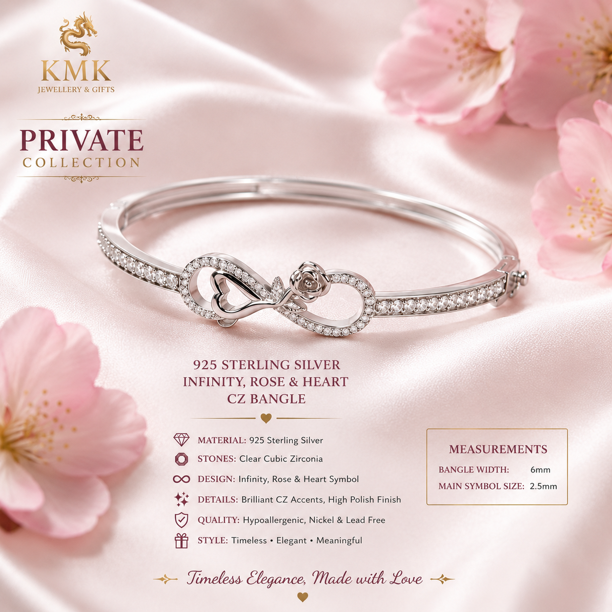 Private Collection – 925 Sterling Silver Infinity Rose & Heart Bracelet - Image 3