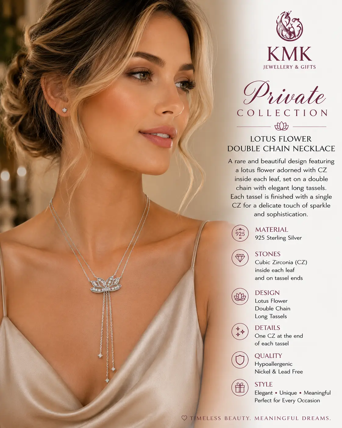 Private Collection – 925 Sterling Silver Double Chain Lotus & CZ Tassel Necklace - Image 4