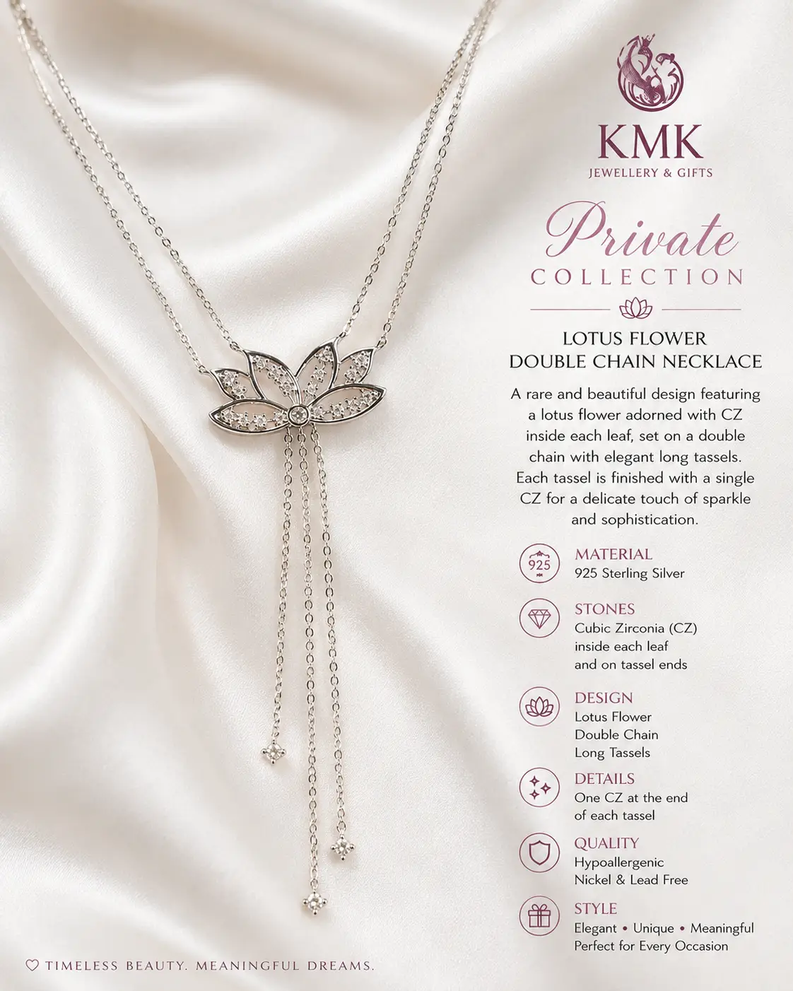 Private Collection – 925 Sterling Silver Double Chain Lotus & CZ Tassel Necklace - Image 5