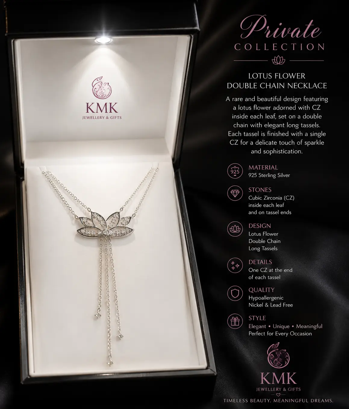Private Collection – 925 Sterling Silver Double Chain Lotus & CZ Tassel Necklace