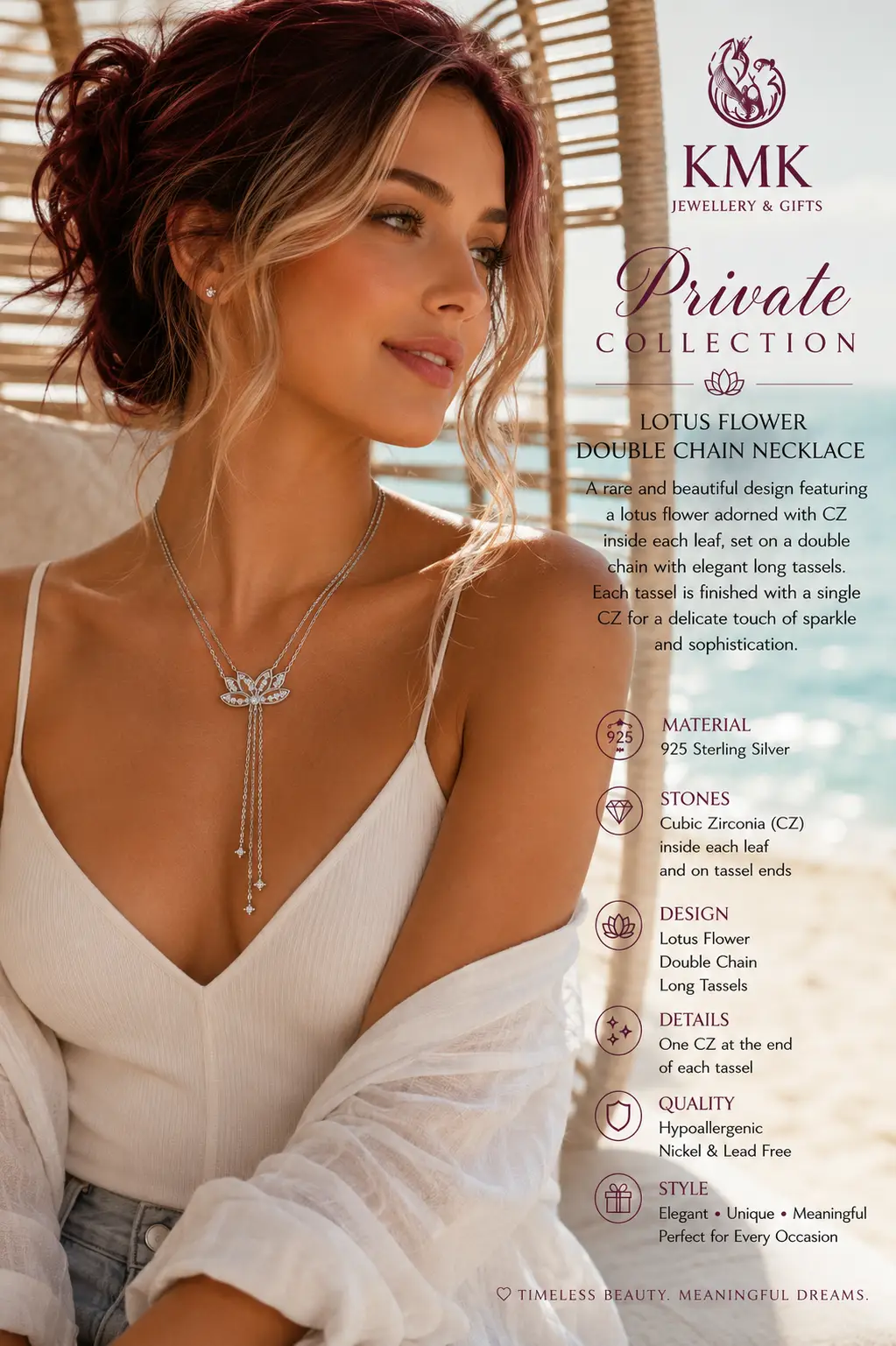 Private Collection – 925 Sterling Silver Double Chain Lotus & CZ Tassel Necklace - Image 2