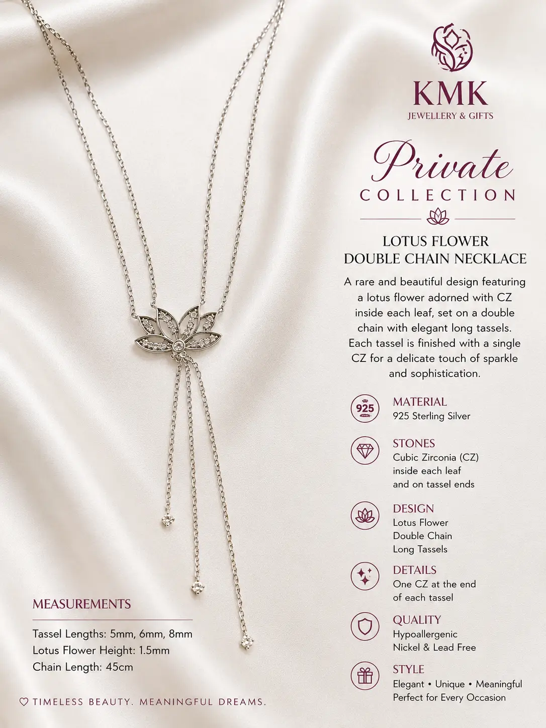 Private Collection – 925 Sterling Silver Double Chain Lotus & CZ Tassel Necklace - Image 3