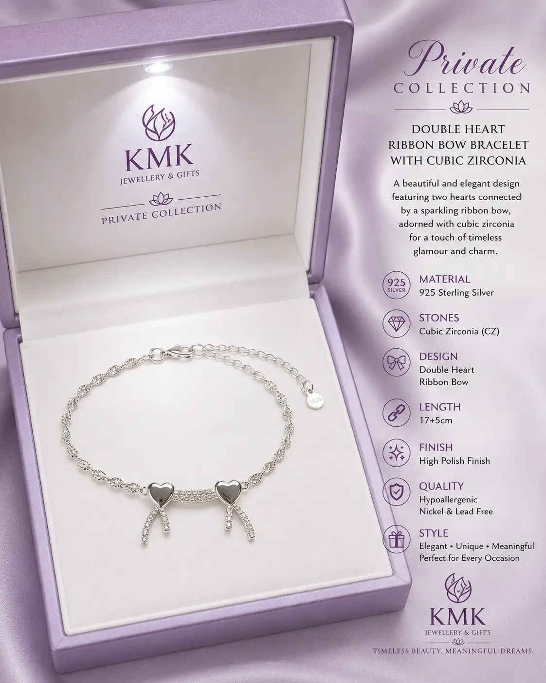 Private Collection – 925 Sterling Silver Double Heart Ribbon Bow Necklace & Bracelet Set - Image 5