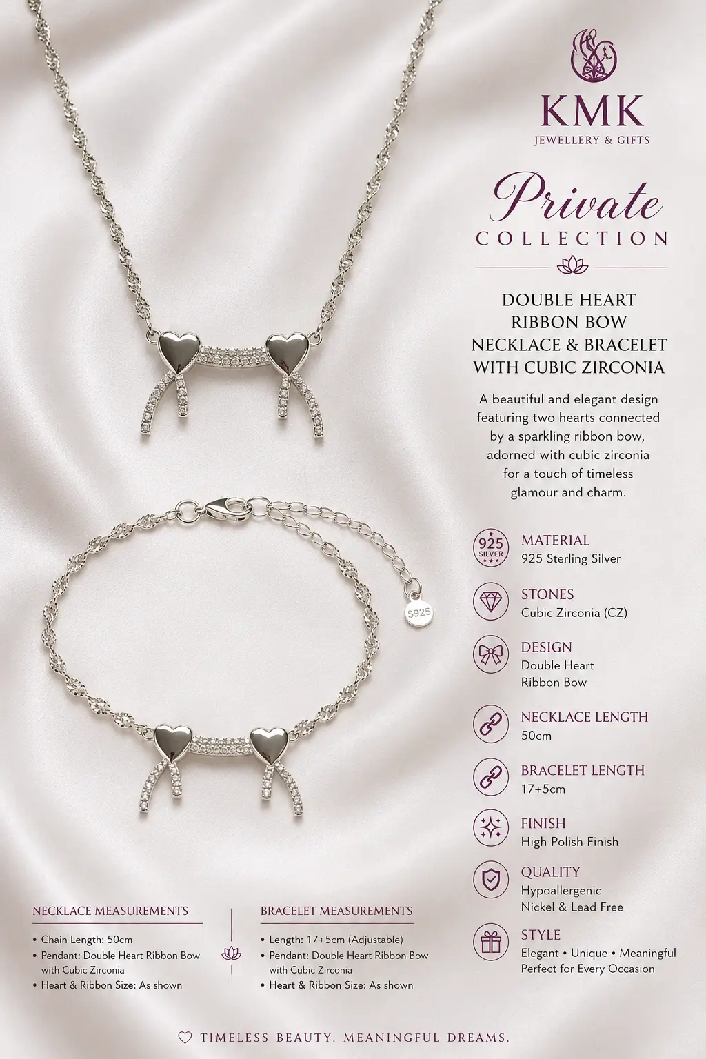 Private Collection – 925 Sterling Silver Double Heart Ribbon Bow Necklace & Bracelet Set - Image 3