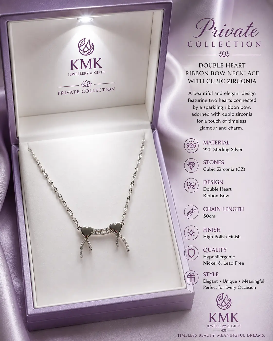Private Collection – 925 Sterling Silver Double Heart Ribbon Bow Necklace & Bracelet Set - Image 6