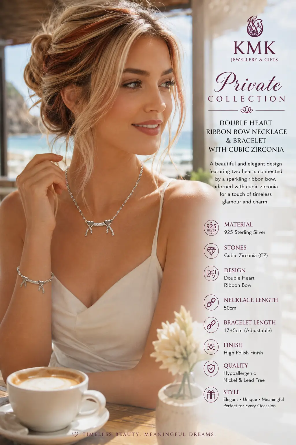 Private Collection – 925 Sterling Silver Double Heart Ribbon Bow Necklace & Bracelet Set - Image 2