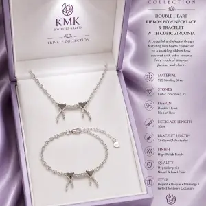 Private Collection – 925 Sterling Silver Double Heart Ribbon Bow Necklace & Bracelet Set