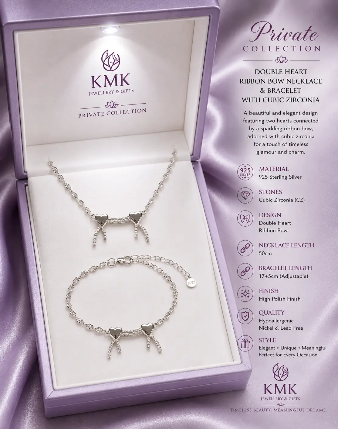 Private Collection – 925 Sterling Silver Double Heart Ribbon Bow Necklace & Bracelet Set