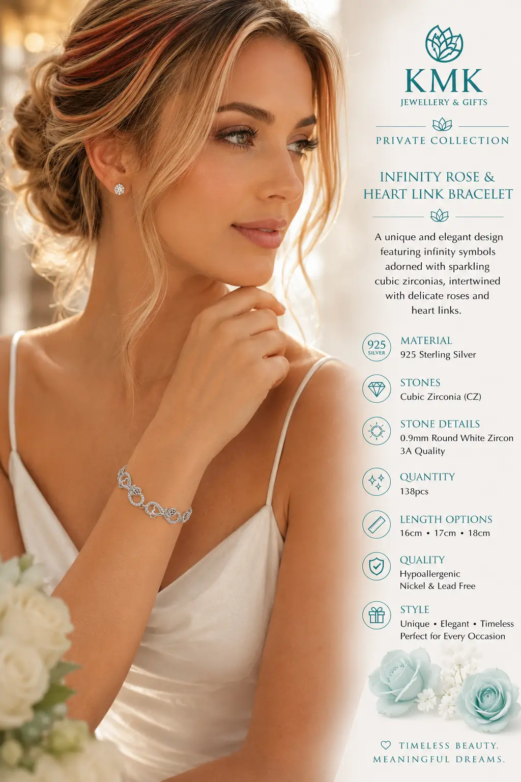 Private Collection – 925 Sterling Silver Infinity, Rose & Heart Link Bracelet - Image 2