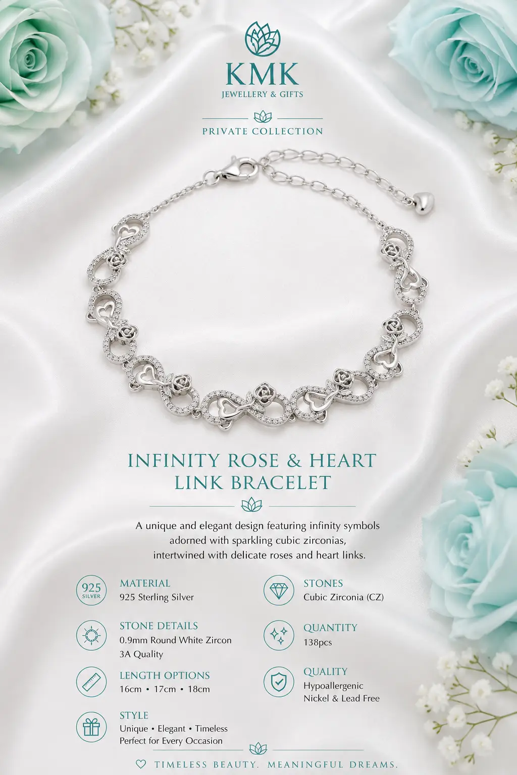 Private Collection – 925 Sterling Silver Infinity, Rose & Heart Link Bracelet - Image 3