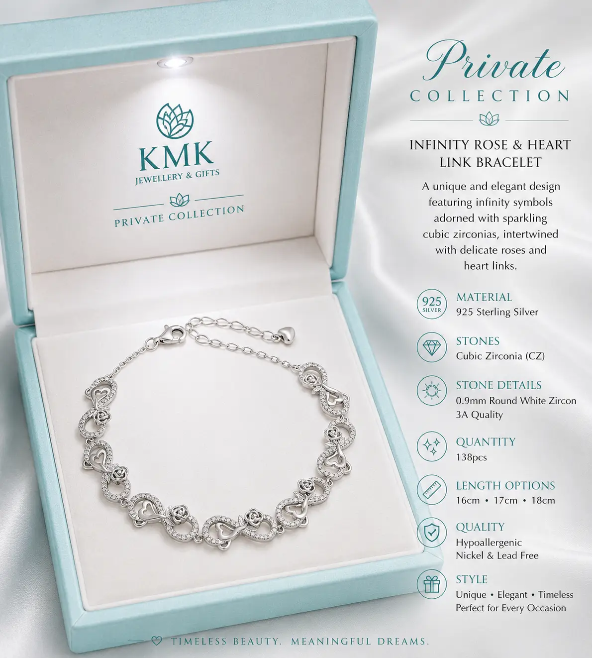 Private Collection – 925 Sterling Silver Infinity, Rose & Heart Link Bracelet