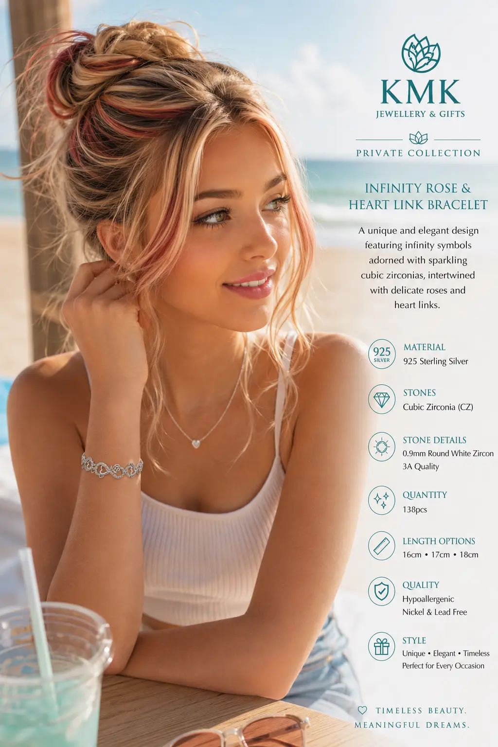 Private Collection – 925 Sterling Silver Infinity, Rose & Heart Link Bracelet - Image 4
