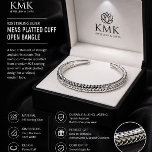 Men's 925 Sterling Silver Narrow Plait Cuff Bangle –7mm width and 4mm wide