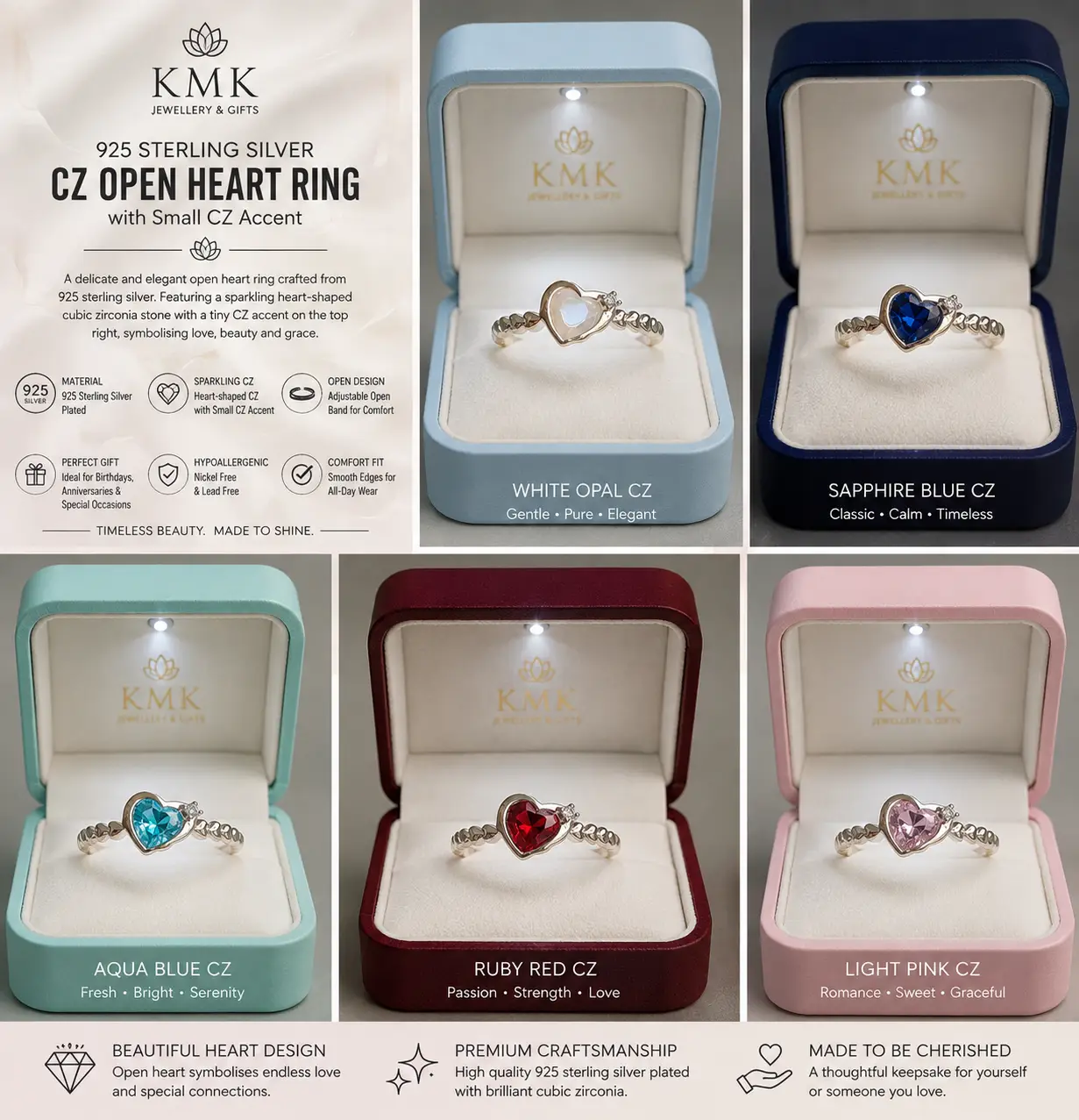 925 Sterling Silver Twist Rope Open Heart Adjustable Gemstone Ring