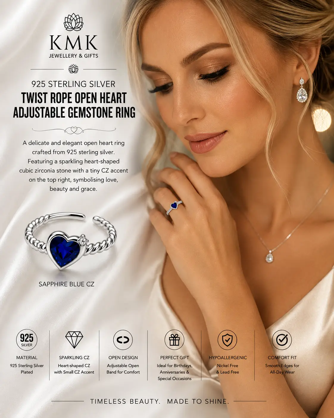 925 Sterling Silver Twist Rope Open Heart Adjustable Gemstone Ring - Image 4