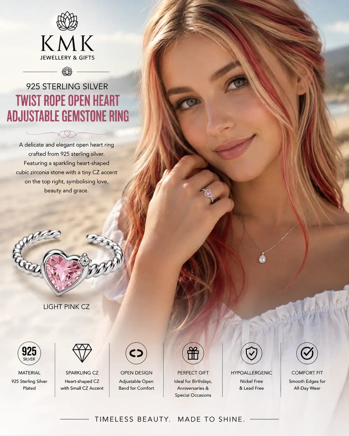 925 Sterling Silver Twist Rope Open Heart Adjustable Gemstone Ring - Image 2