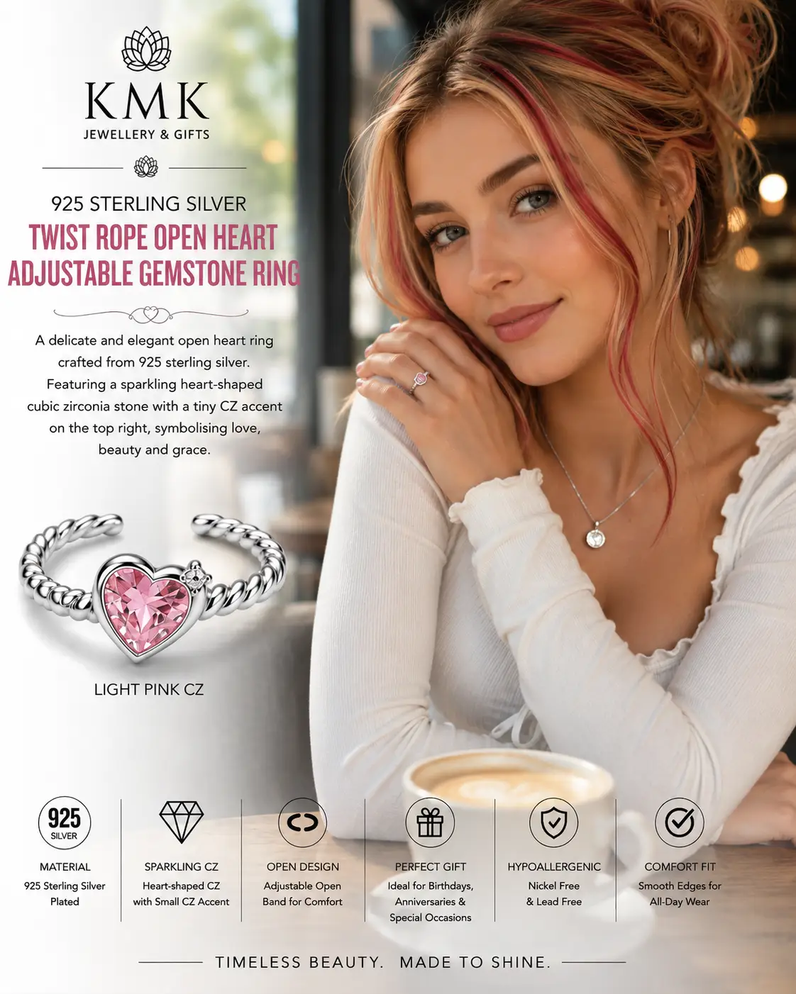 925 Sterling Silver Twist Rope Open Heart Adjustable Gemstone Ring - Image 6