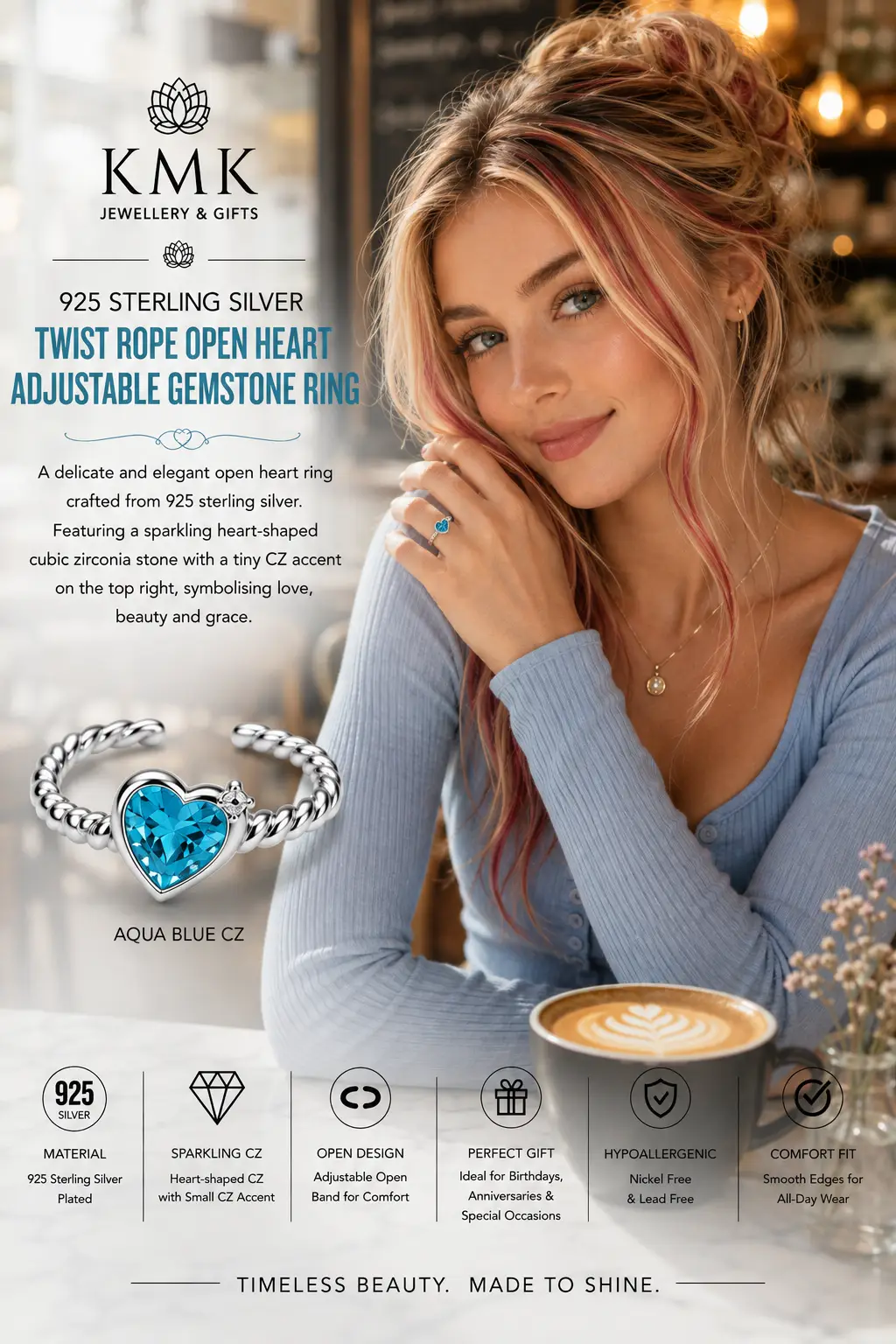 925 Sterling Silver Twist Rope Open Heart Adjustable Gemstone Ring - Image 5