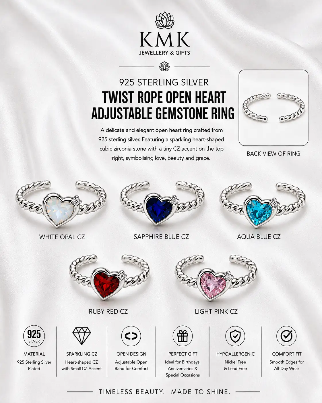 925 Sterling Silver Twist Rope Open Heart Adjustable Gemstone Ring - Image 3