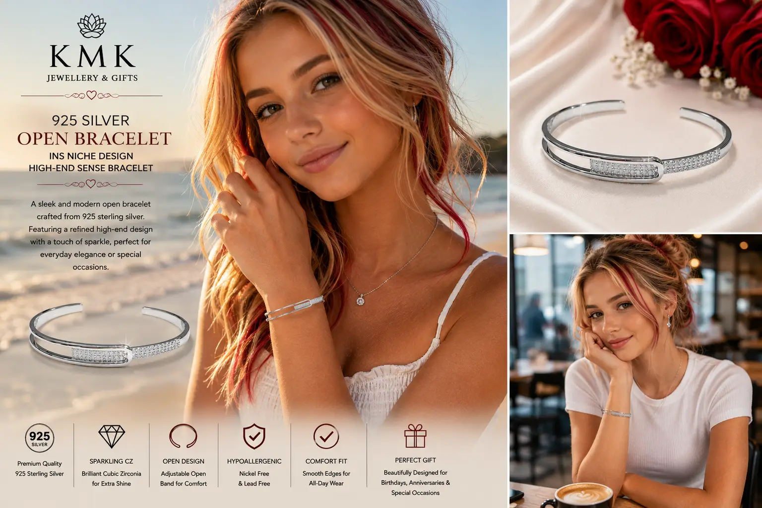 Women's 925 Sterling Silver Feather Bracelet with Zircon - Image 4