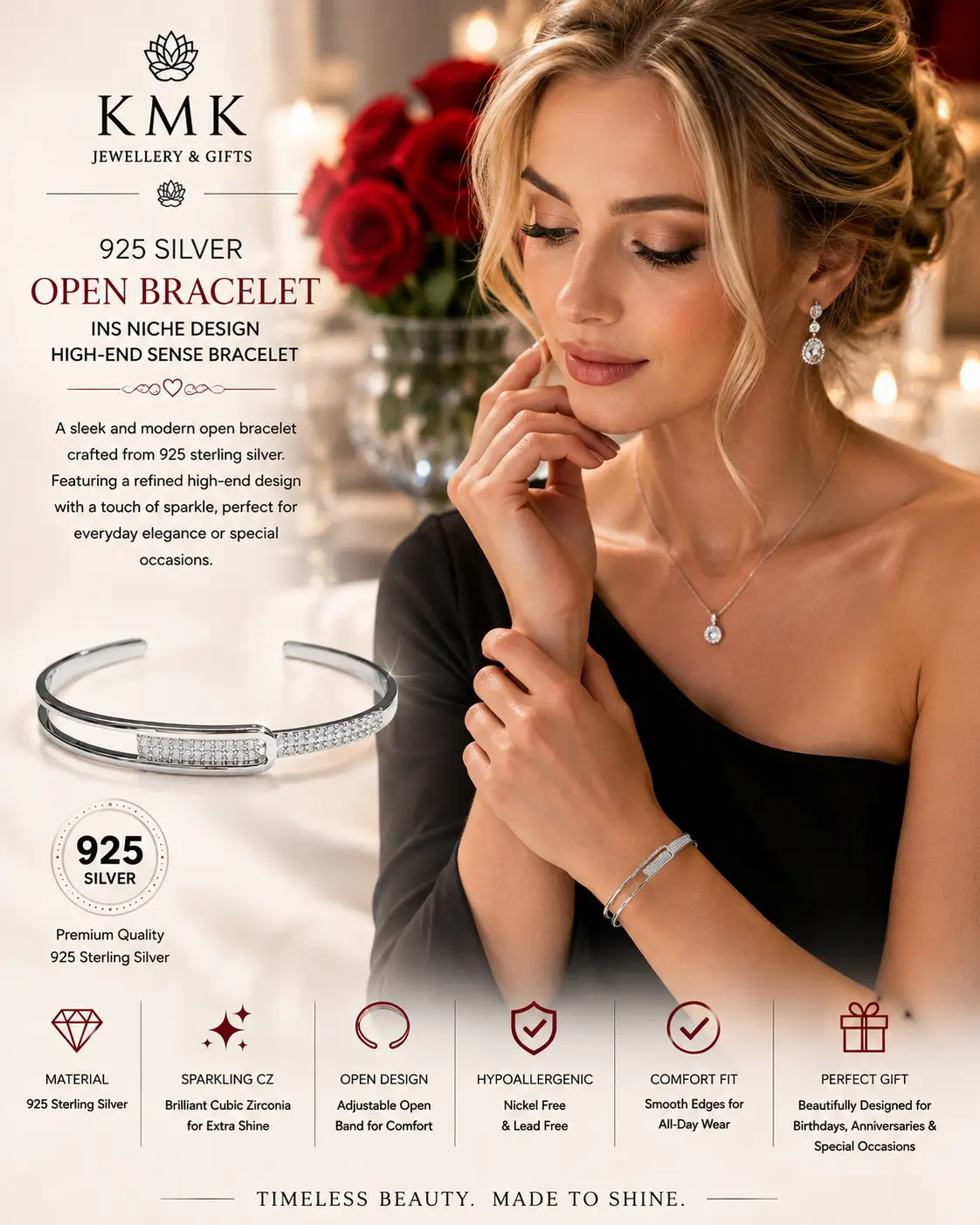 Women's 925 Sterling Silver Feather Bracelet with Zircon - Image 2