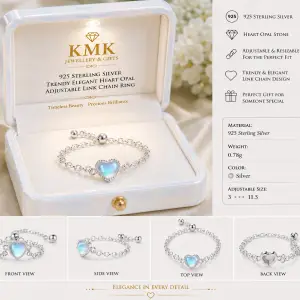 925 Sterling Silver Heart Opal Adjustable Chain Ring