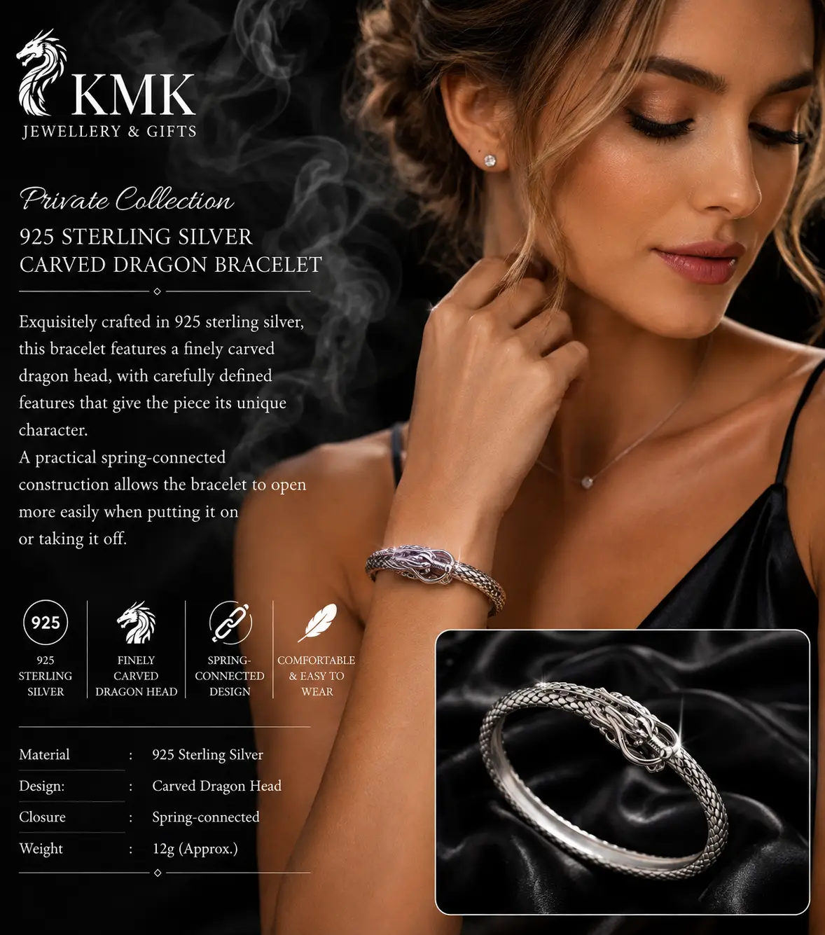 Private Collection – 925 Sterling Silver Carved Dragon Bracelet - Image 4
