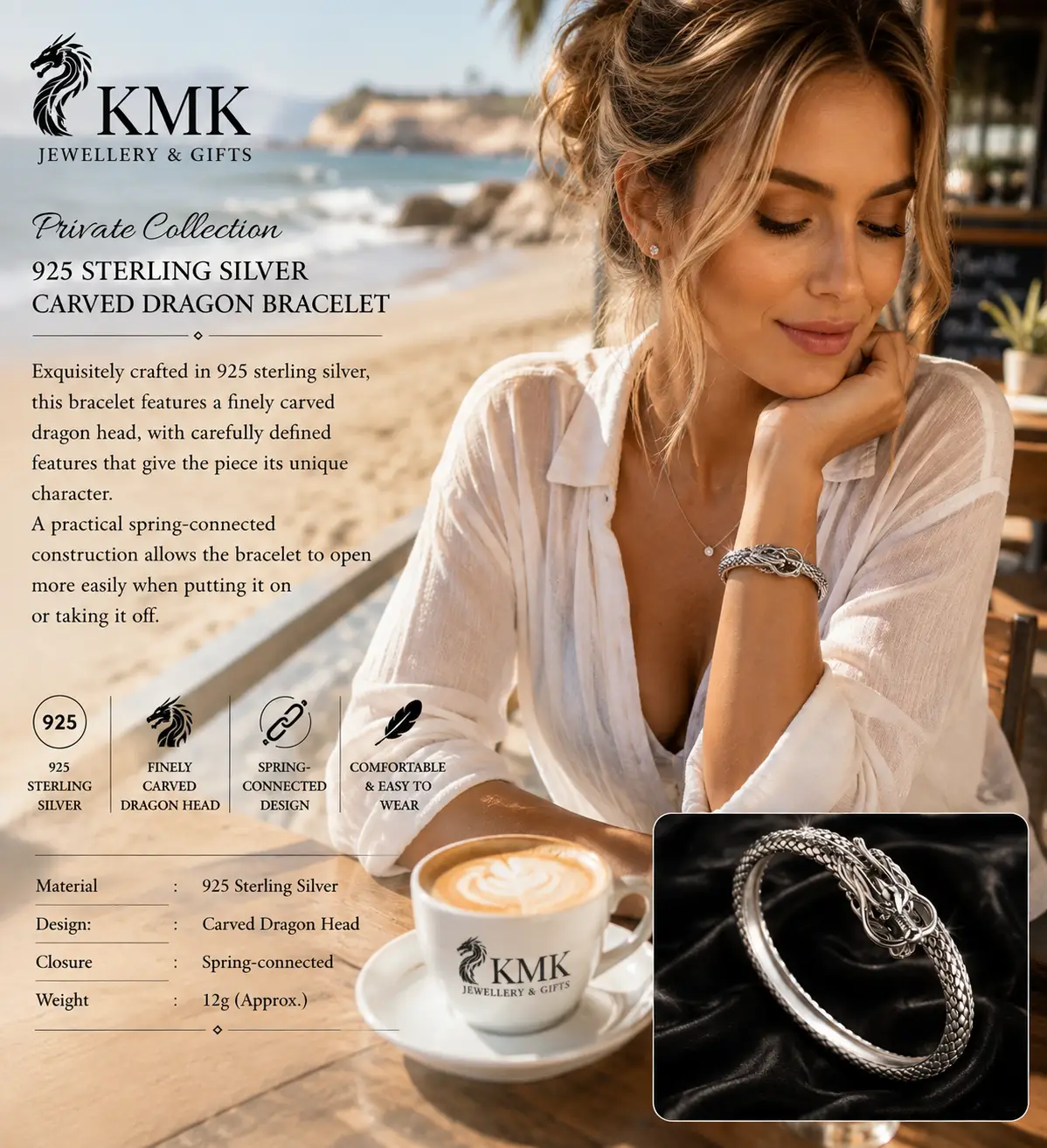 Private Collection – 925 Sterling Silver Carved Dragon Bracelet - Image 2