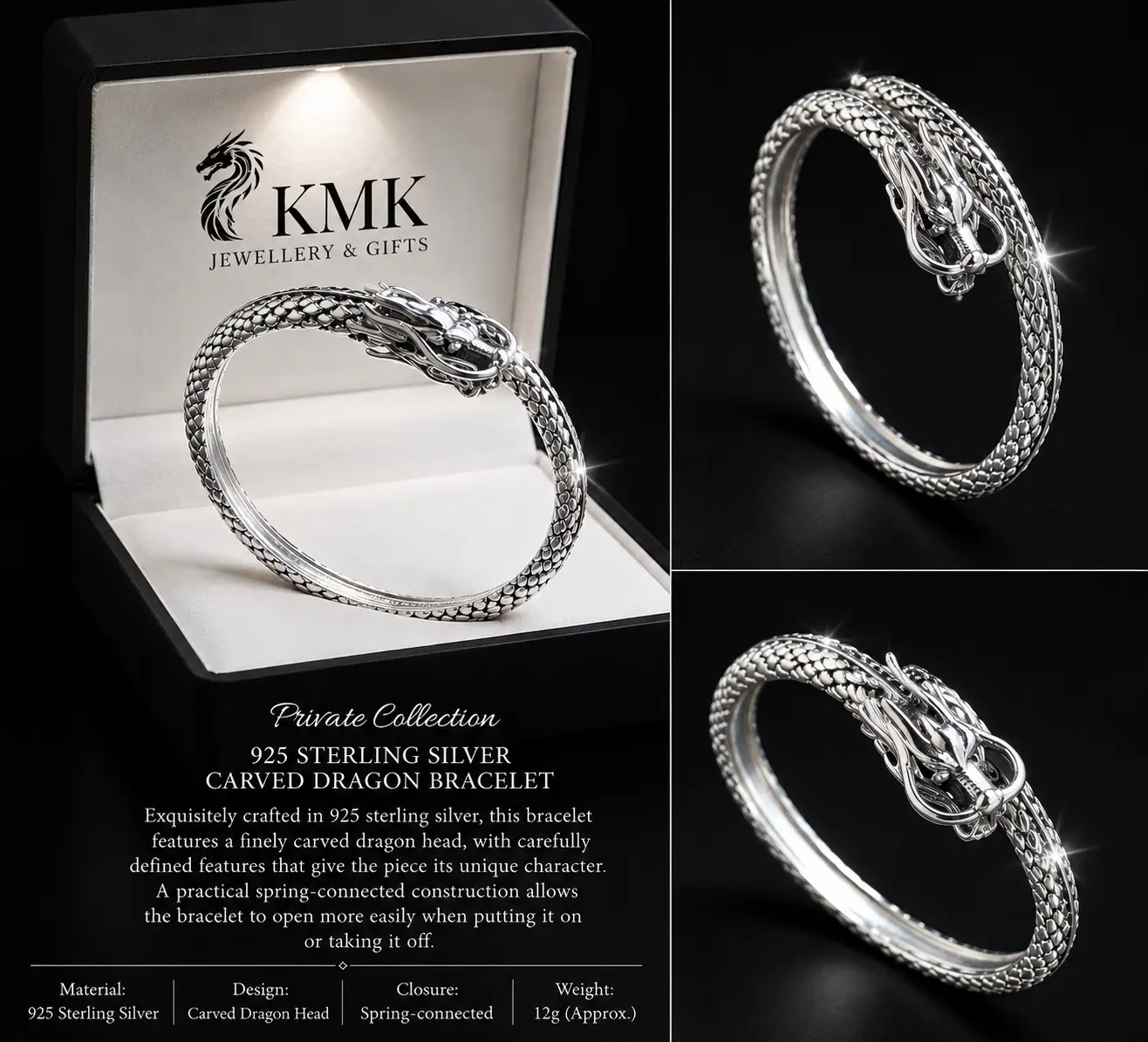 Private Collection – 925 Sterling Silver Carved Dragon Bracelet