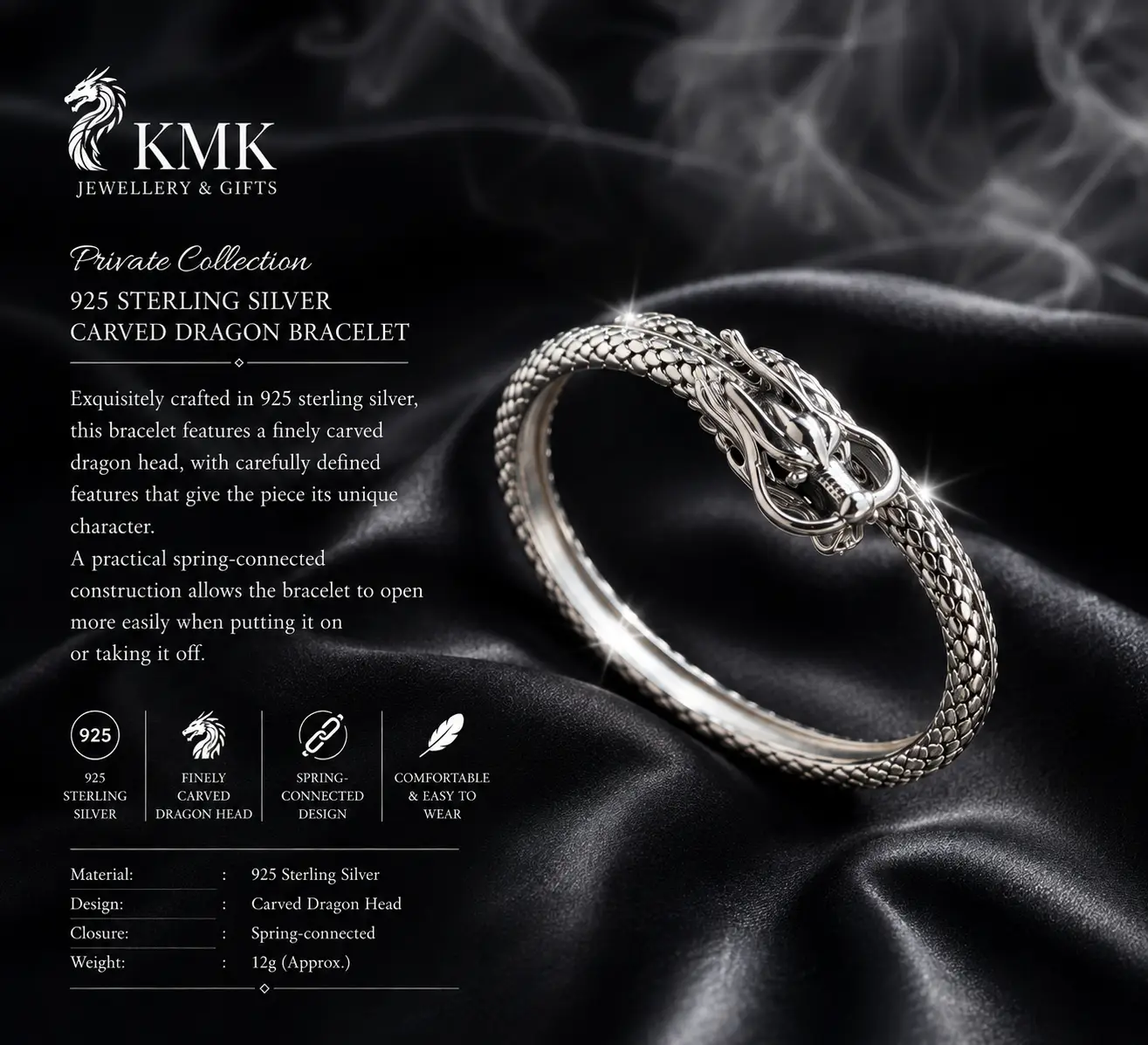 Private Collection – 925 Sterling Silver Carved Dragon Bracelet - Image 3