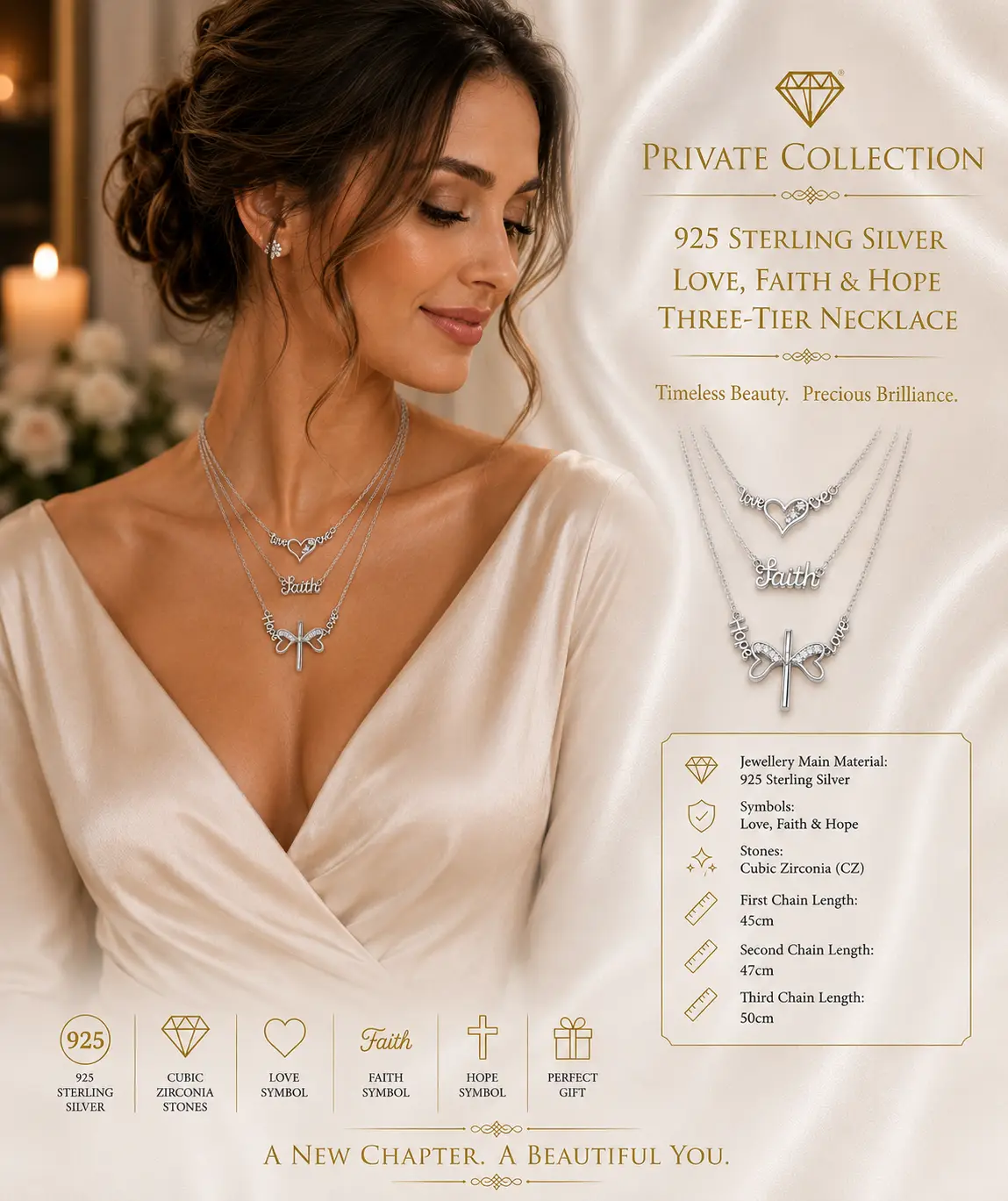 Private Collection – 925 Sterling Silver Love, Faith & Hope Three-Tier Necklace - Image 2