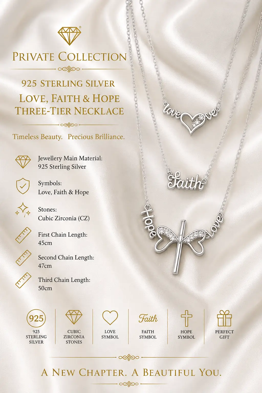Private Collection – 925 Sterling Silver Love, Faith & Hope Three-Tier Necklace - Image 3