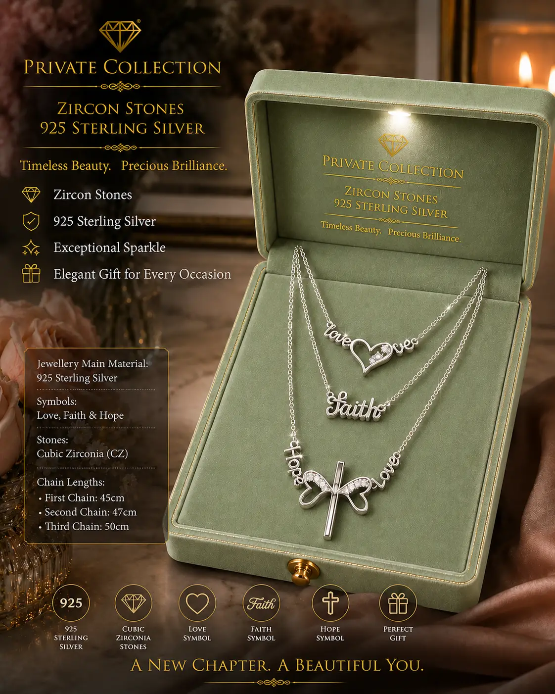 Private Collection – 925 Sterling Silver Love, Faith & Hope Three-Tier Necklace