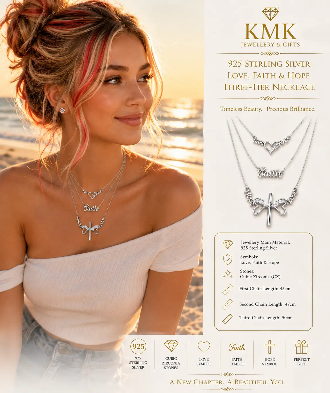 Private Collection – 925 Sterling Silver Love, Faith & Hope Three-Tier Necklace - Image 4