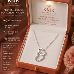 925 Sterling Silver Zircon Double Interlocking Heart Necklace