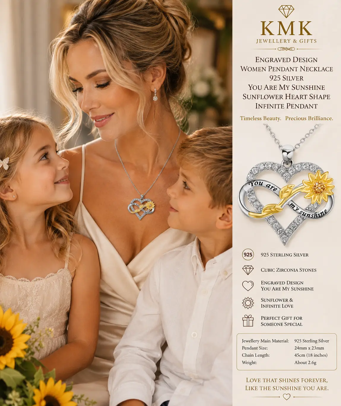 925 Sterling Silver “You Are My Sunshine” Sunflower Heart & Infinity Necklace - Image 2