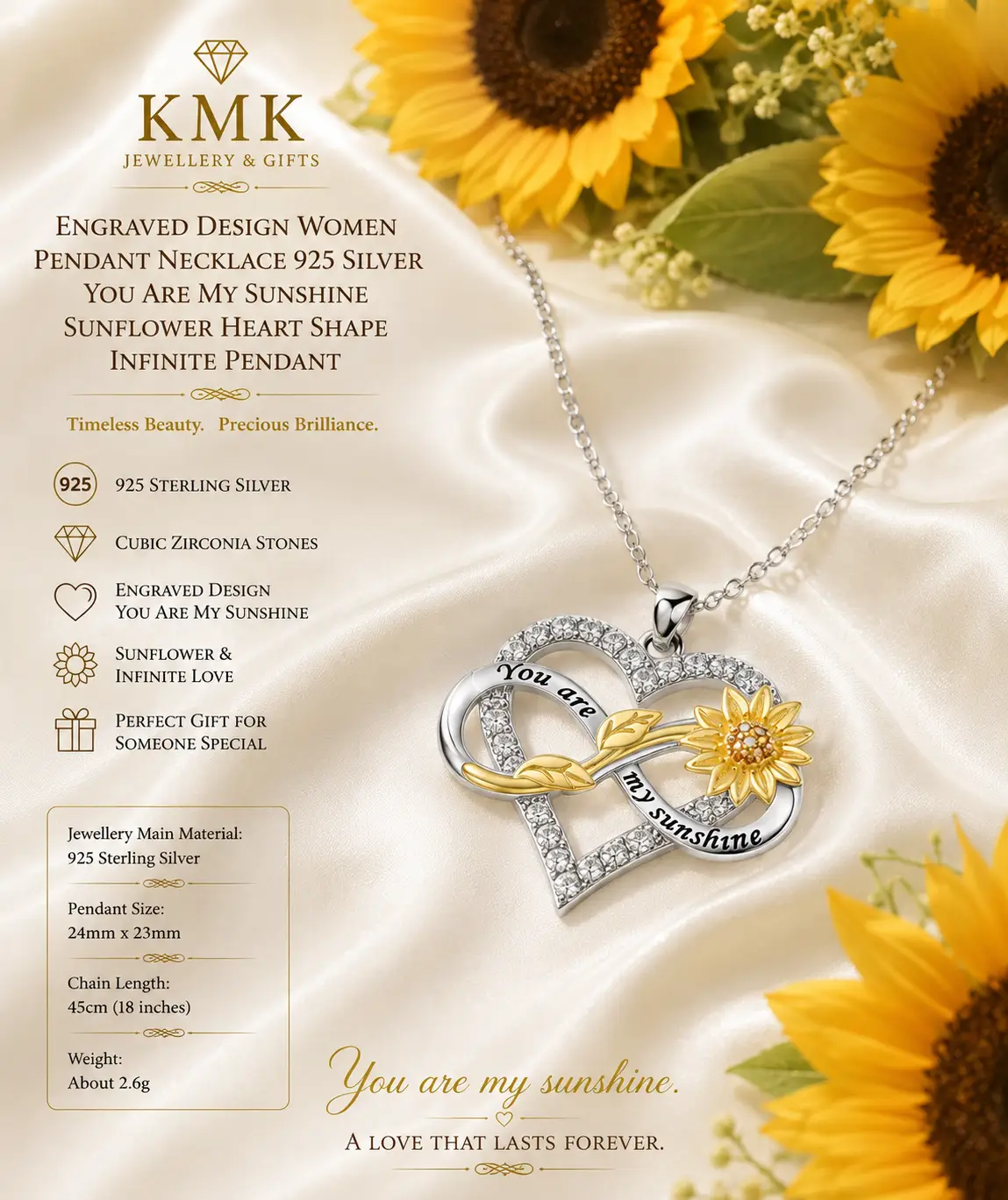 925 Sterling Silver “You Are My Sunshine” Sunflower Heart & Infinity Necklace - Image 3