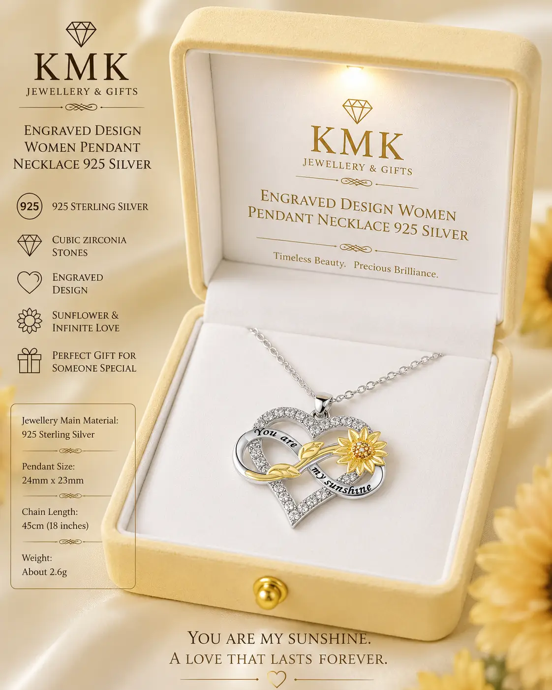925 Sterling Silver “You Are My Sunshine” Sunflower Heart & Infinity Necklace